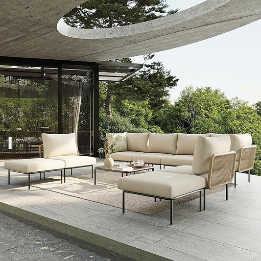 9 Piece Modern Outdoor Rope Wicker Sectional Patio L-Shaped Conversation Sofa Set Deep Seating with Thick Cushions