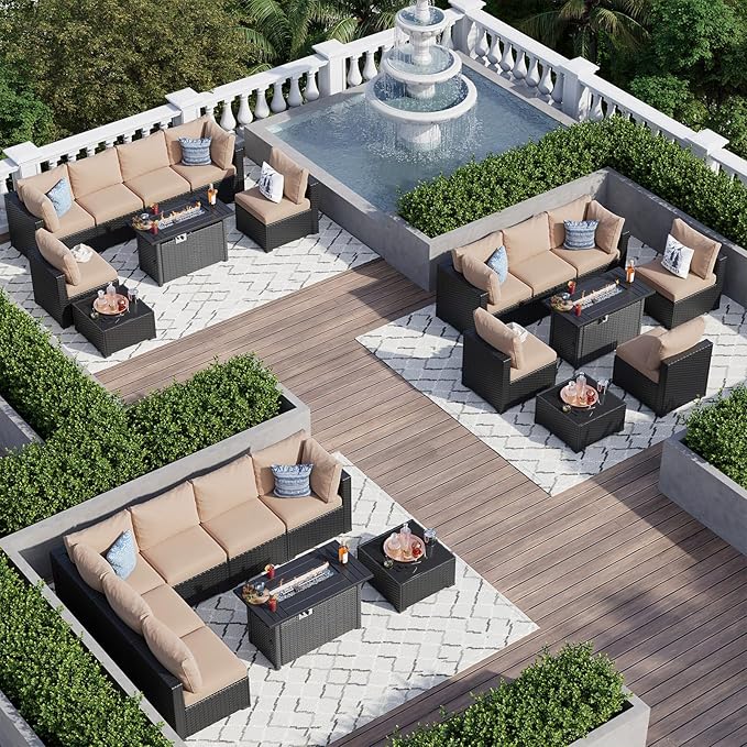 Aoxun 8 Piece Patio Furniture Set with 44” Fire Pit Table Wicker Rattan Patio Sectional Sofa Set Outdoor Seating Furniture with Thickened Cushion, Beige