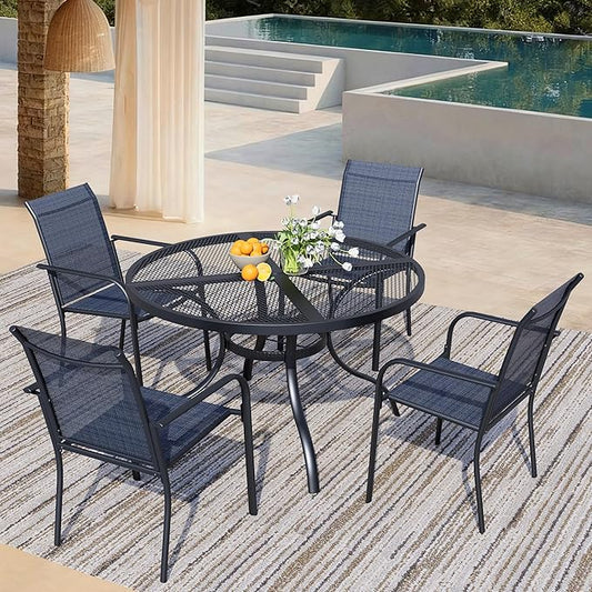 5 Piece Outdoor Dining Set, Patio Table and Chairs Set of 4, 42" Black Round Patio Table with 4 Dark Blue Stackable Patio Chairs for Lawn, Garden, Porch