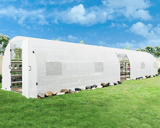 AMERLIFE 44x10x7.5 FT Tunnel Greenhouse for Outdoors, Large Walk-in Greenhouse kit with Durable Steel Frame, Swing Door & Premium PE Cover, White
