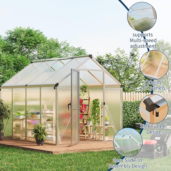 6x8 ft Greenhouse for Outdoors, Polycarbonate Greenhouse with Roof Vent, Ground Nails, Lockable Push Door, Aluminum Large Walk-in Green House for Outside Garden Backyard, Patio, Lawn, Silver