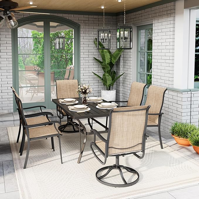 Pamapic 7-Piece Outdoor Dining Set, Patio Dining Set for 6, All-Weather Outdoor Patio Set with 2 Textilene Swivel Chairs & 4 Regular Chairs for Garden, Poolside, Deck，Beige