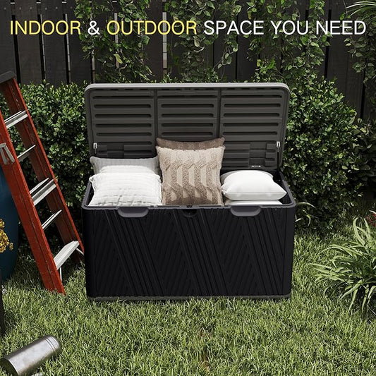 Kingdura 110 Gallon Outdoor Storage Box, Waterproof Resin Deck Box for Indoor and Outdoor Use, Lockable Storage Container for Patio Furniture Cushions Garden Tools (Black, 110 Gallon)