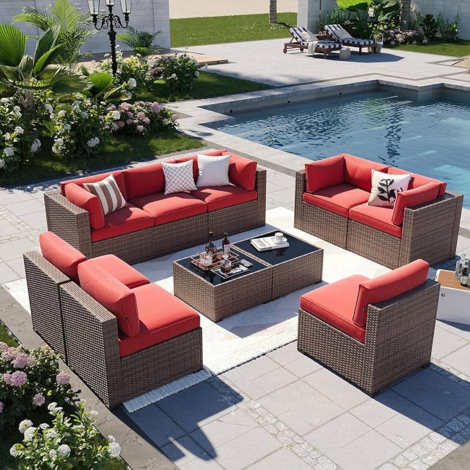 Aoxun Patio Furniture Sets, 10-Piece Outdoor Patio Furniture with Thick Cushions, Wicker Outdoor Conversation Set Sectional Sofa for Backyard, Poolside, Garden
