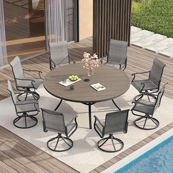 VICLLAX 60" Outdoor Round Patio Table for Lawn Garden, All Weather Metal Round Patio Dining Table with Adjustable Umbrella Hole, Outdoor Table for 8-10 Person, Grey Wood-Like Tabletop