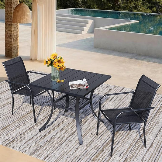 3 Piece Outdoor Dining Set, Patio Table and Chairs Set of 2, 27.6" Black Square Patio Table with 2 Black Stackable Patio Chairs for Lawn, Garden, Porch