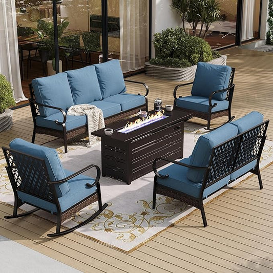 5 Piece Black Metal Outdoor Patio Furniture Set with Firepit Table, Patio Conversation Set 1 3-Seater Sofa, 2-Seater Sofa, 2 Rocking Chairs with 5.75" Cushion for Backyard Deck, Navy
