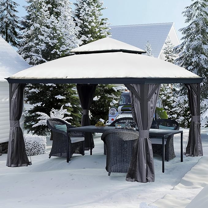 Domi 12' X 12' Hardtop Gazebo, Upgraded Metal Gazebo with Dual-Layer Resin Roof, Drainage System, Curtain and Netting, Outdoor Shelter Canopy for Patio, Garden, and Backyard, Grey