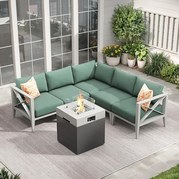 Aluminum Outdoor Furniture Set,5-Seats Conner Patio Sectional Conversation Sofa with 6" All-Weather Cushions and Coffee Table,Patio Furniture Set for Deck, Porch, Garden (White)