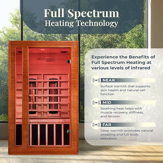 DYNAMIC SAUNAS Cardoba 2-Person Full Spectrum Infrared Sauna with Red Light Therapy & Bluetooth Speakers | Personal Indoor Dry Heat Sauna for Home & Gym – Made from Canadian Hemlock