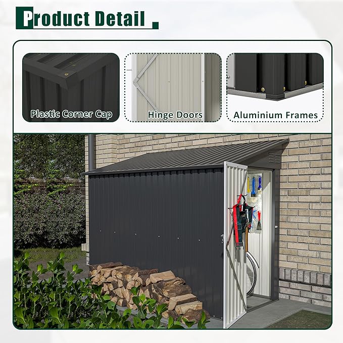 8x4 FT Outdoor Storage Shed, Metal Shed with Lockable Door, Sloping Roof, All-Weather Lean to Resin Shed for Garden, Backyard, Patio, Lawn (Black)