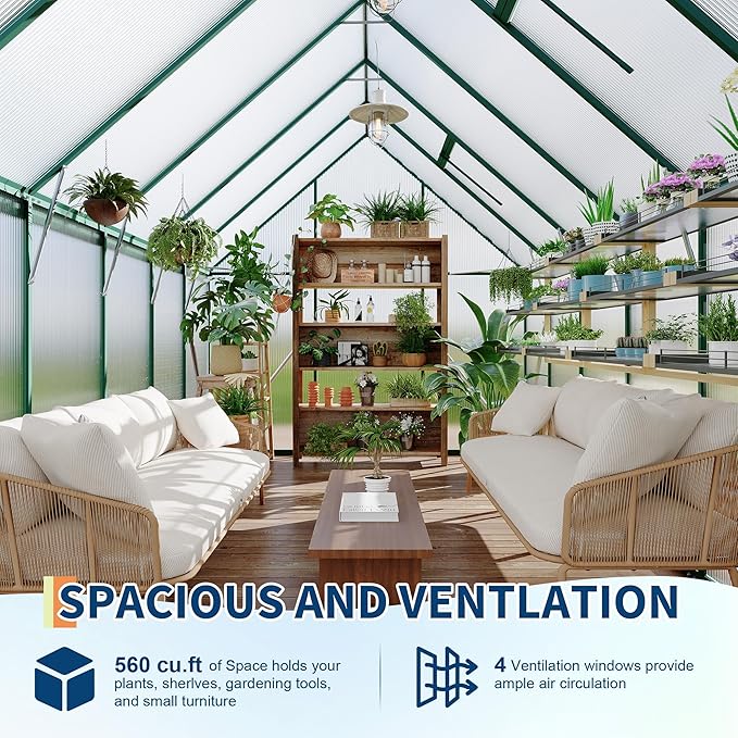 Polycarbonate Greenhouse for Outdoors, Large Walk-InGreenhouse with Quick Setup Structure and Roof Vent, Greenhouse with Ventilation