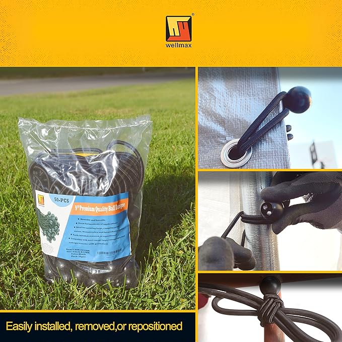 9 inch 50 Piece Heavy Duty 5mm Ball Bungee Canopy Cord By Wellmax, Black Color