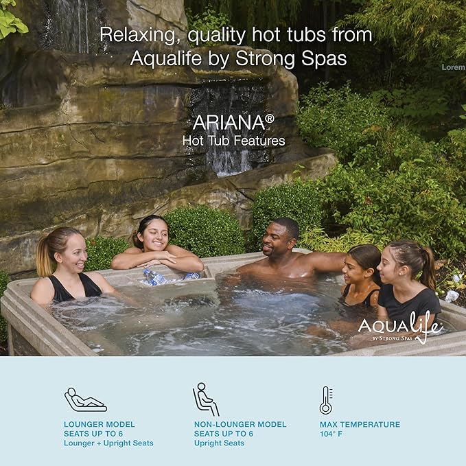 Ariana Outdoor Hot Tub, 6 Person Therapeutic Spa, 30 Jets, Underwater LED Lighting System, Insulated Spa Cover, Aqualife by Strong Spas