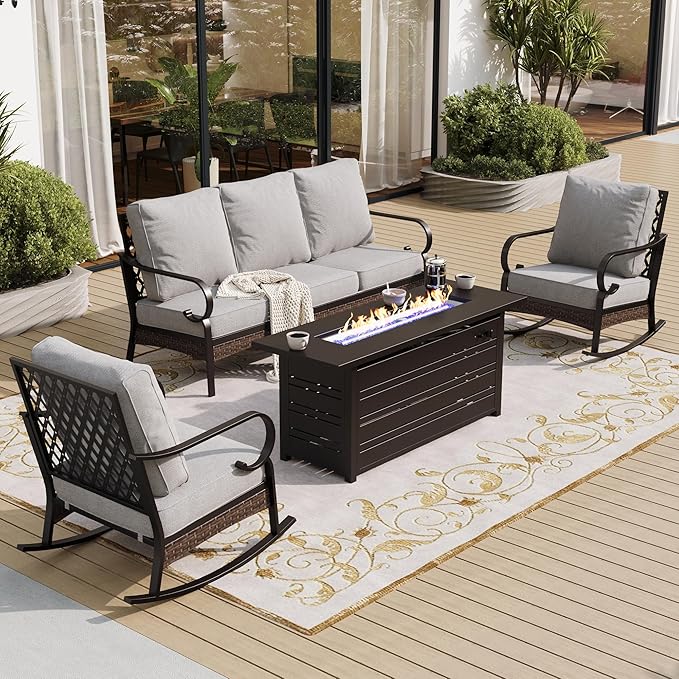 4 Piece Black Metal Outdoor Patio Furniture Sets with Firepit Table, Patio Conversation Sets 1 3-Seater Sofa, 2 Rocking Sofa with 5.75" Cushion Backyard Furniture for Deck, Light Gray