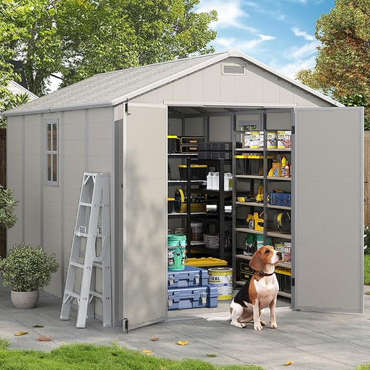 Amopatio 10x8 Storage Shed, Resin Outdoor Shed with Floor Included, Plastic Sheds Outdoor Storage for Bike, Garden Tools, Sheds & Outdoor Storage with Lockable Door, Window & Vents, Sandstone