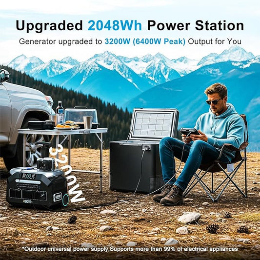 IEE 3200W Portable Power Station P3200 with 2x200W Solar Panel, 2048Wh Solar Generator, 1800W AC Charging, AC Outlets x 4, LiFePO4 Battery Power Station for Home Backup, Camping, RV, Emergency