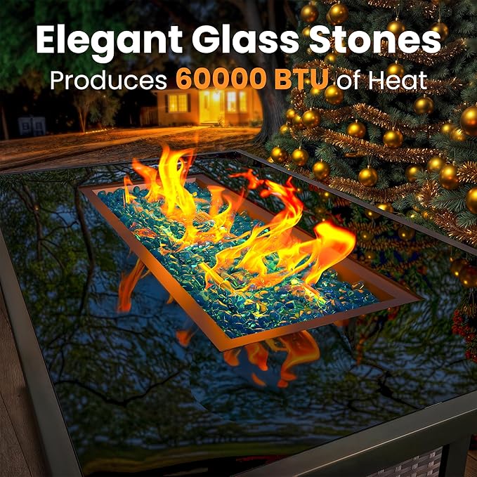 Propane Fire Pit Table, Outdoor Fire Pit Table, 43" Rattan Rectangle Outdoor Gas FirePit with Glass Wind Guard, Tempered Glass Tabletop, Lid, CSA Listed, 60,000 BTU, Outside Patio Deck & Garden, Brown