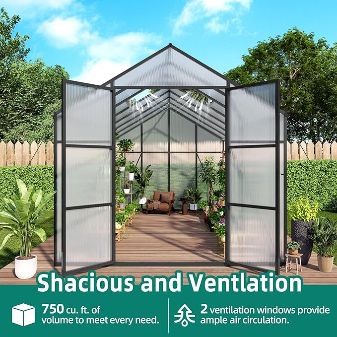 KEIKI 8x14 FT Polycarbonate Greenhouse for Outdoors, Heavy-Duty Walk-in Aluminum Greenhouse with Anchor Base, Light-Transmitting Panels & Drainage System, Black