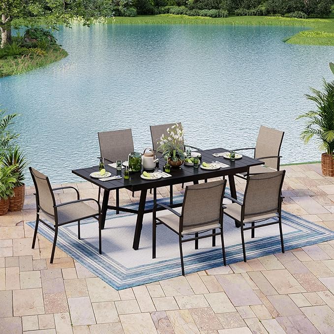 7 Pieces Patio Table and Chairs Set, Patio Dining Set for 6, 6 Textilene Chairs and 1 Expandable Patio Dining Table with Umbrella Hole, for Deck Backyard Lawn Poolside, Brown