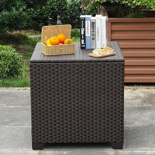 Rattaner 80 Gallon Wicker Outdoor Storage Box Square Patio Storage Bin with Waterproof Lining Bag Deck Storage Box and Cushion Storage Bin Outdoor, Brown Wicker