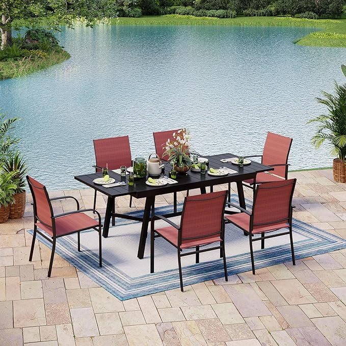 7 Pieces Patio Table and Chairs Set, Patio Dining Set for 6, 6 Textilene Chairs and 1 Expandable Patio Dining Table with Umbrella Hole, for Deck Backyard Lawn Poolside, Red