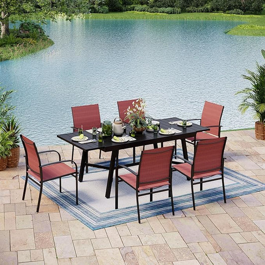 7 Pieces Patio Table and Chairs Set, Patio Dining Set for 6, 6 Textilene Chairs and 1 Expandable Patio Dining Table with Umbrella Hole, for Deck Backyard Lawn Poolside, Red