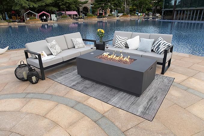 AMS Creations | Sedona Fire Pit Table with Pull-Out Propane Tank Storage Drawer | Concrete Rectangular Propane Fire Pit | Modern Outdoor Furniture | Lava Rock and Fabric Cover Included. (Dark Grey)