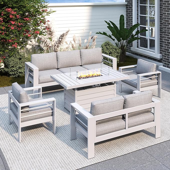 Solaste Aluminum Patio Furniture Set with 55 inch Fire Pit Table, 5 Piece Metal Outdoor Furniture with Water-Resistant Cushions, Modern Patio Conversation Set for Balcony, Front Porch, and Backyard