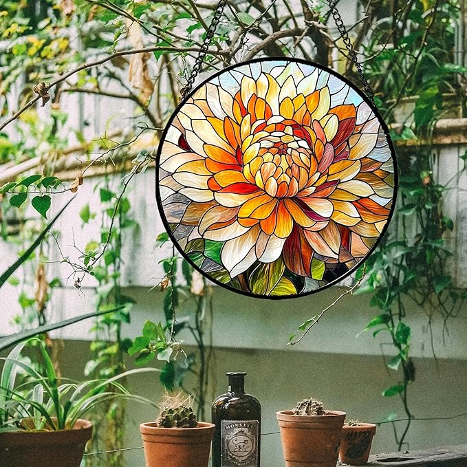CRISGIF Stained Glass Window Hanging - Chrysanthemum Suncatcher for Doors Garden Patio Birth Flowers Sun Catchers Decor Christmas Mother's Day Birthday Gifts for Women Men Mom Nana Friend 11.8 in