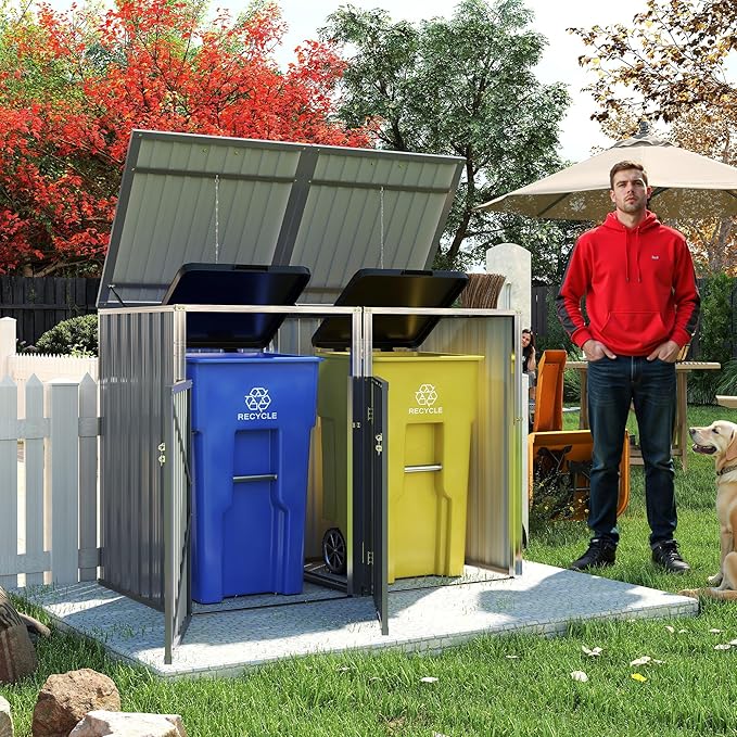 Outdoor Storage Shed Metal Trash Can Storage,54 Cu.Ft Garbage Can Storage Shed W/Lid Chain,Hydraulic Mechanism & Pneumatic Spring Support Rods,for 2 Trash Bins,Bike,Garden Tools,Light Gray