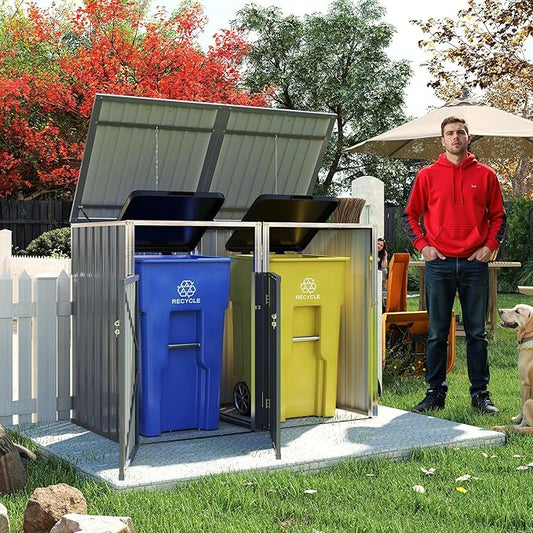 Outdoor Storage Shed Metal Trash Can Storage,54 Cu.Ft Garbage Can Storage Shed W/Lid Chain,Hydraulic Mechanism & Pneumatic Spring Support Rods,for 2 Trash Bins,Bike,Garden Tools,Light Gray