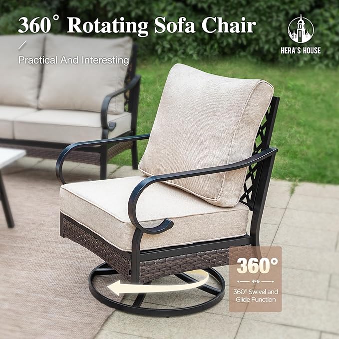 HERA'S HOUSE 6 Piece Metal Patio Furniture Set with 56" Fire Pit Table, All Weather Outdoor Conversation Set, 3 Seat Sofa, 2 Swivel Chairs, 2 Fixed Chairs, Seats 7 for Backyard, Garden, Deck, Beige