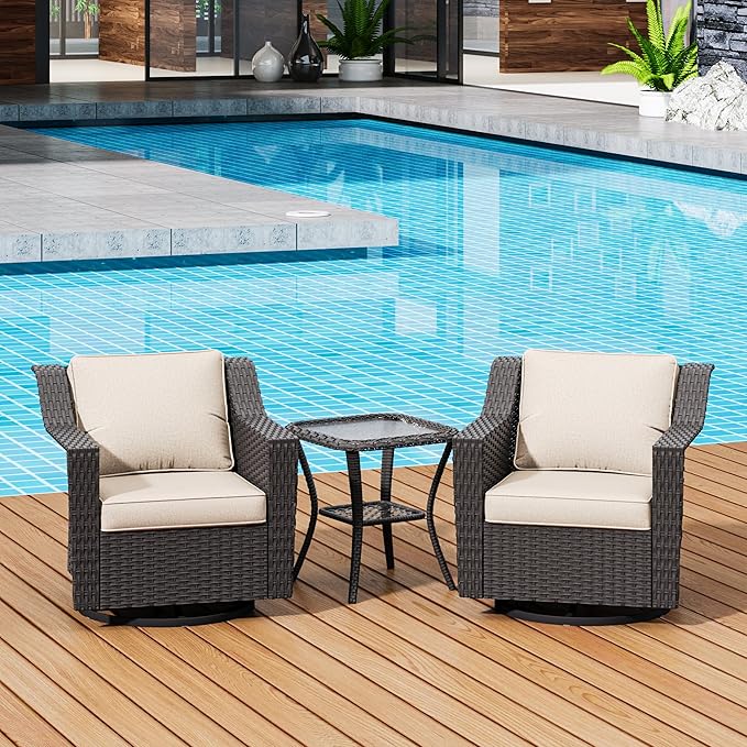 3 Pieces Patio Conversation Furniture Set - 2 Swivel Chairs, 1 Side Table, Outdoor Wicker Rocking Glider Armchairs with Washable Cushions for Porch, Balcony, Sunroom (Beige)