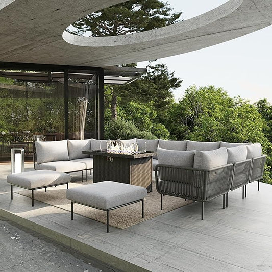 11 Piece Modern Outdoor Rope Wicker Sectional Patio L-Shaped Conversation Sofa Set Deep Seating with Fire Pit Table