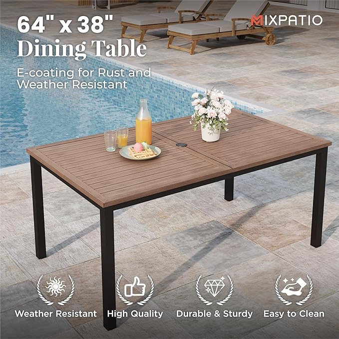 7 Pieces Patio Table and Chairs Set, Patio Dining Set for 6, 6 Textilene Chairs and 1 Wood-Like Rectangle Steel Table with Umbrella Hole, for Deck Backyard Lawn Poolside, Red