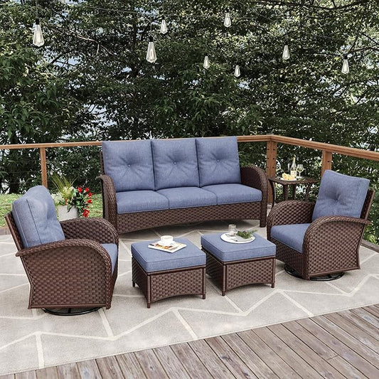 6 Pieces Patio Furniture Sets, Wicker Rattan High Back Outdoor Swivel Rocking Chairs Set with 3-Seat Couch, Ottomans and Side Table