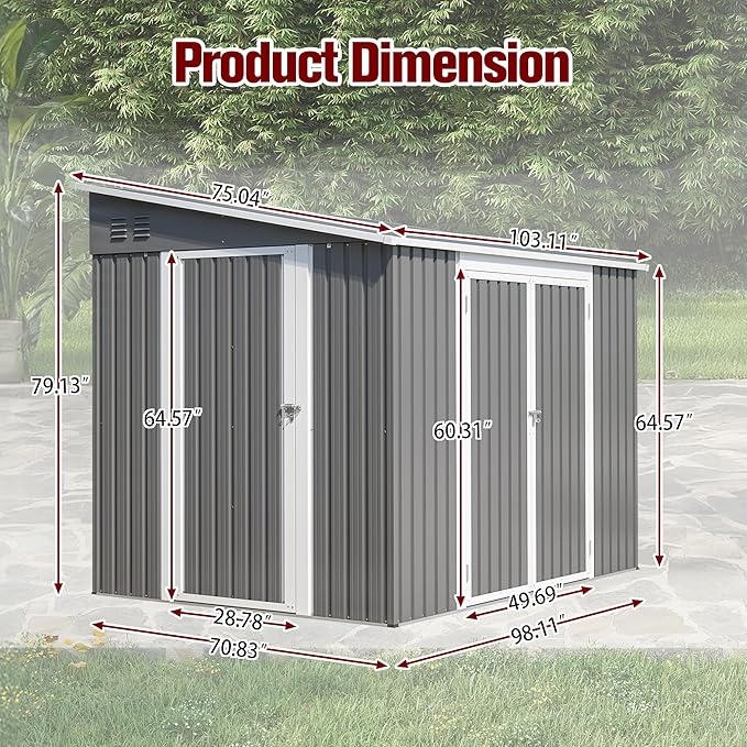 8x6FT Lean to Shed with Floor Frame, Metal Outdoor Storage Shed with Two Separate Doors for Garden Backyard Patio, Large Tool Shed for Bicycle&Lawn Mower Storage