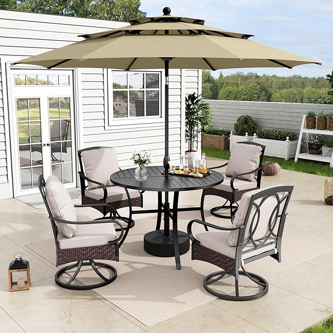 MFSTUDIO 6 Pieces Patio Set with Umbrella, 42'' Round Metal Table & 4 Swivel Chairs & 10ft Umbrella, Outdoor Table and Chairs, Heavy Duty Dining Furniture for 4 with Beige Umbrella