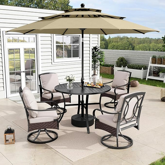 MFSTUDIO 6 Pieces Patio Set with Umbrella, 42'' Round Metal Table & 4 Swivel Chairs & 10ft Umbrella, Outdoor Table and Chairs, Heavy Duty Dining Furniture for 4 with Beige Umbrella