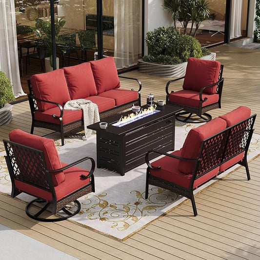5 Piece Black Metal Outdoor Patio Furniture Sets with Firepit Table, Patio Conversation Sets 1 3-Seater Sofa, 1 2-Seater Sofa, 2 Swivel Sofa with 5.75" Cushion for Backyard Deck, Red