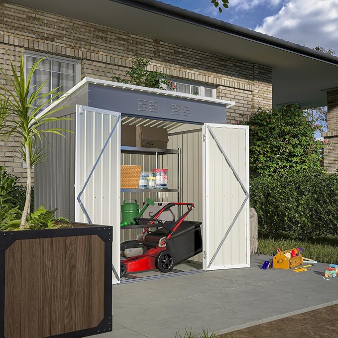 6x4 FT Outdoor Storage Shed, Metal Garden Shed with Frame Floor, Outside Tool Shed with Lockable Hinged Doors, Waterproof Storage Building with Sloped Roof for Backyard, Patio, Lawn, Gray