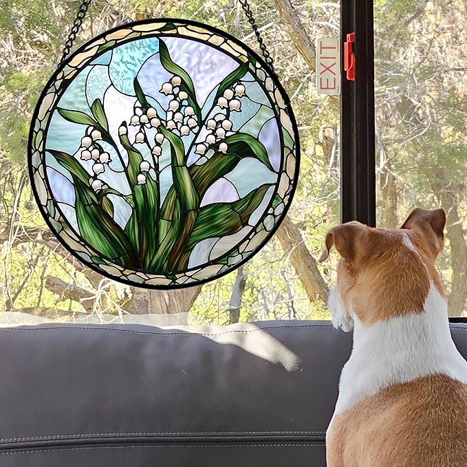 AMDERVEN Stained Glass Window Hanging, White Green Lily of The Walley Flowers Sun Catcher for Door Home Decor Plants Suncatcher Christmas Mother's Day Birthday Gifts for Women Men Mom Nana 11.8 in