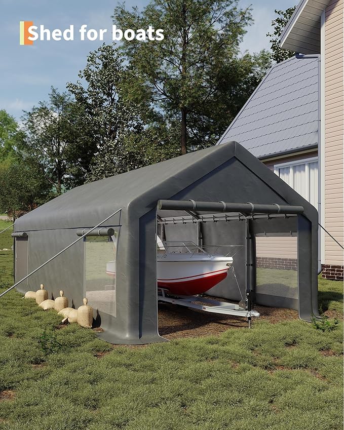 13x25 FT Carport,Heavy-Duty Carport with 4 Roll-Up Windows & Doors, Portable Garage 200g PE Tarp, Waterproof & UV Protected Outdoor Shelter for Car, Boat, Truck, Motorcycle