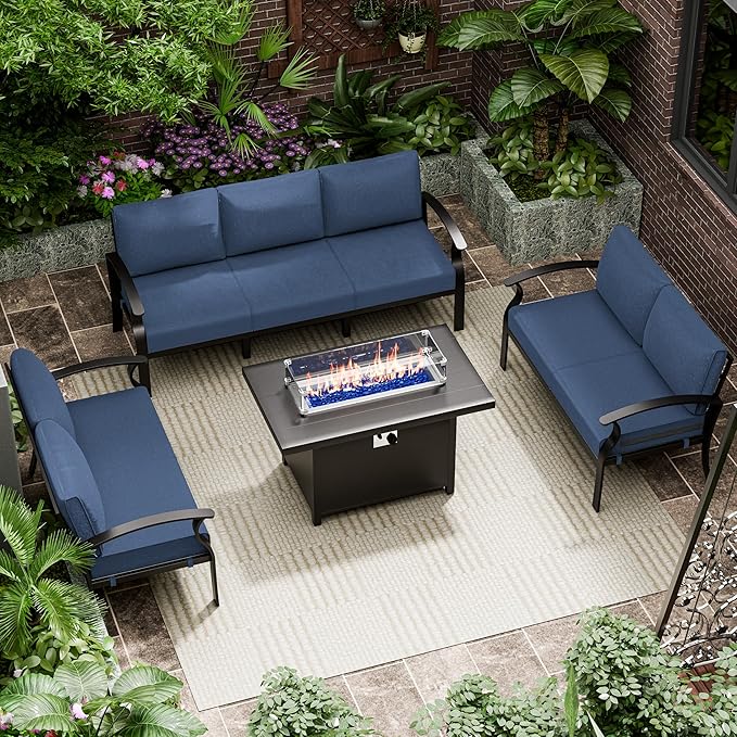 Aluminum Patio Furniture Set with Fire Pit Table, 7 Seats Outdoor Conversation Set Modern Metal Sectional Sofa with Upgrade Cushions for Backyard, Navy