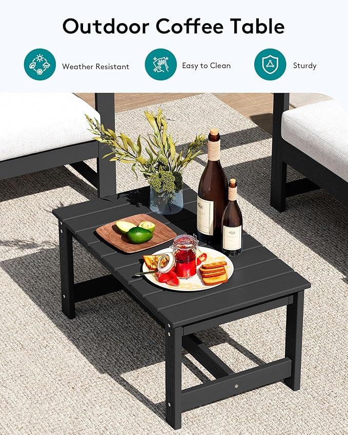 SERWALL 3 Pieces HDPE Outdoor Sofa Set with Cushions, All Weather Use Patio Couch Loveseat Furniture with Coffee Table for Balcony, Deck, Poolside, Black Frame with Khaki Cushions