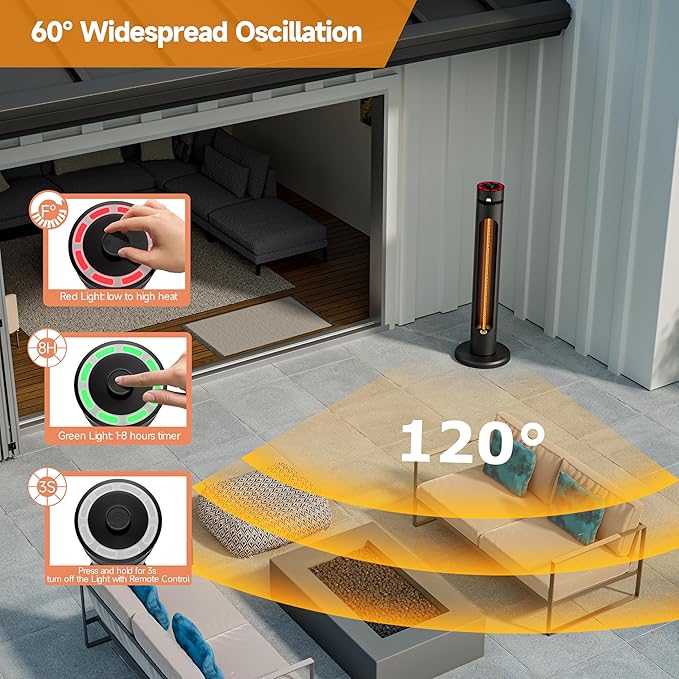 Portable Heater Outdoor Infrared 1500W 8 Heat Levels 8H Timers Carbon Fiber Tube Tip-Over&Overheat Protection IP45 Waterproof Electric Garden Heater, Deep Black
