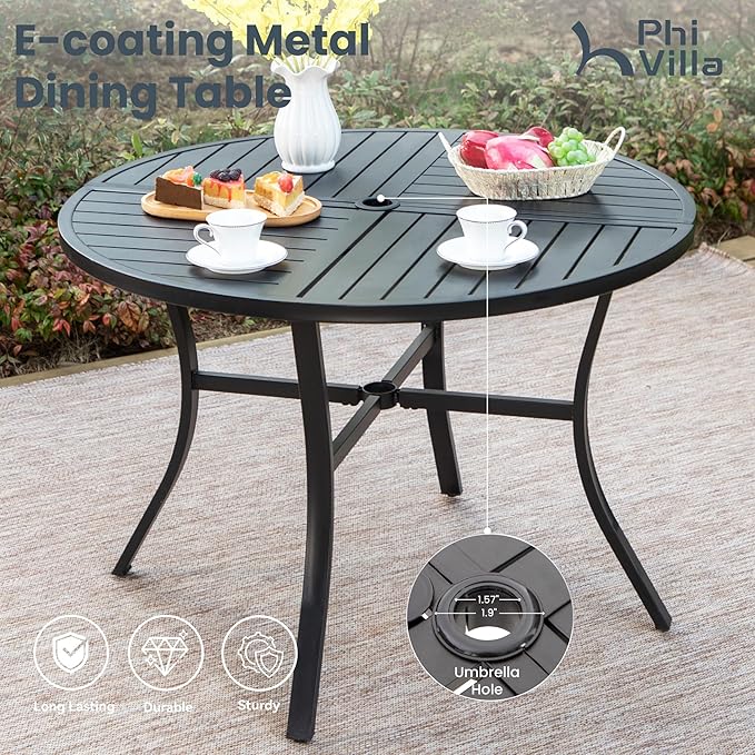 PHI VILLA 7 Pieces Outdoor Round Dining Set for 6, Large Wrought Iron Dining Table with Umbrella Hole & Cushioned Wicker Rattan Chairs, Dining Furniture Set for Patio, Deck, Yard, Porch
