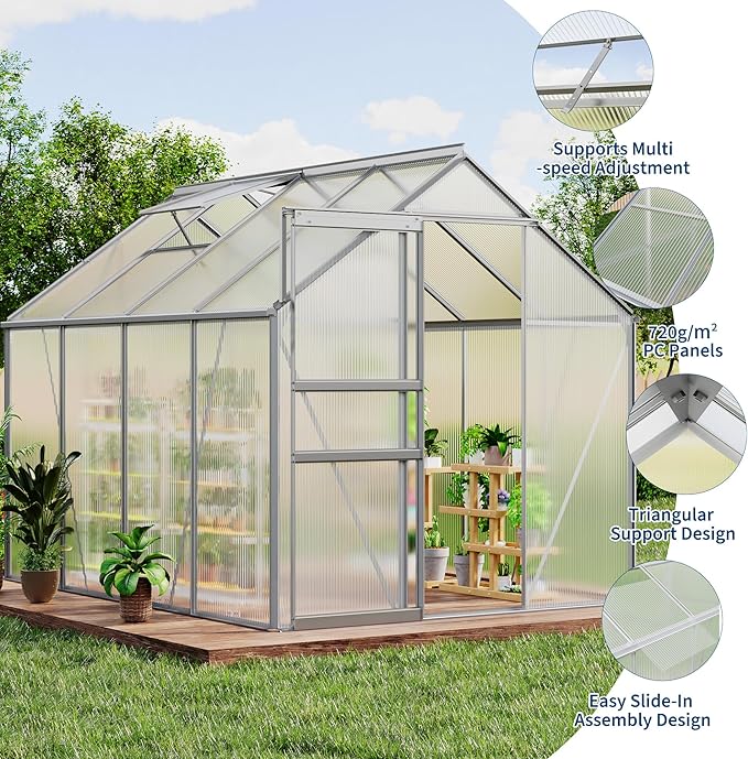 GarveeHome 6 x 8 FT Polycarbonate Greenhouse, Winter Greenhouses for Outdoors with Aluminum Frame, Sliding Door, Adjustable Roof Vent, Backyard Green Houses, Patio Garden, Silver