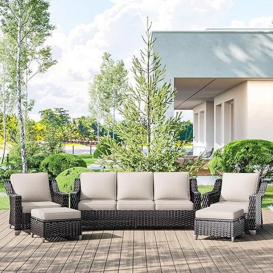 5 Pieces Wicker Patio Furniture, Luxury Outdoor Conversation Sets with 2 Patio Rattan Chair, 3-Seater Sofa, 2 Patio Ottoman, Wide Armrest, Thickened Cushions, Ideal for Deck, Porch Use